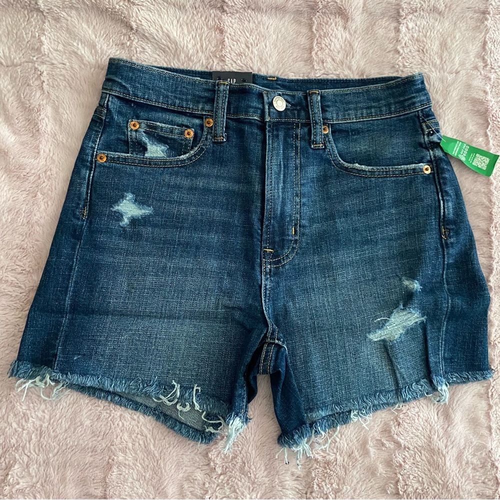 GAP 4" High Rise Denim Shorts, Distressed Med Indigo Wash, Size 26 Regular